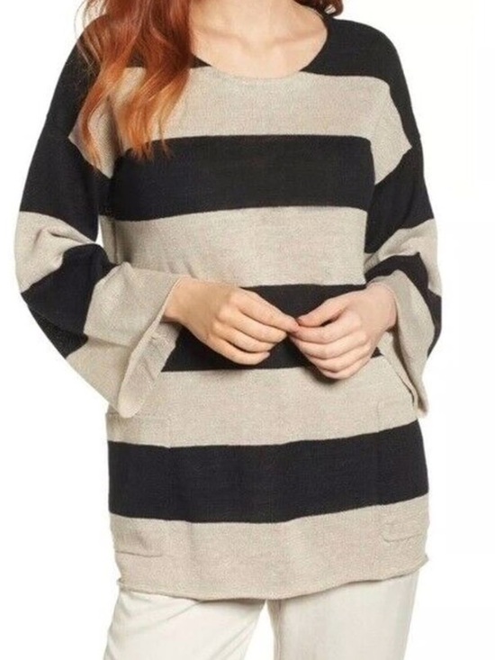 Eileen Fisher Sweaters - Eileen Fisher Organic Linen Striped Pullover‎ Sweater XL Crewneck 3/4 Sleeve